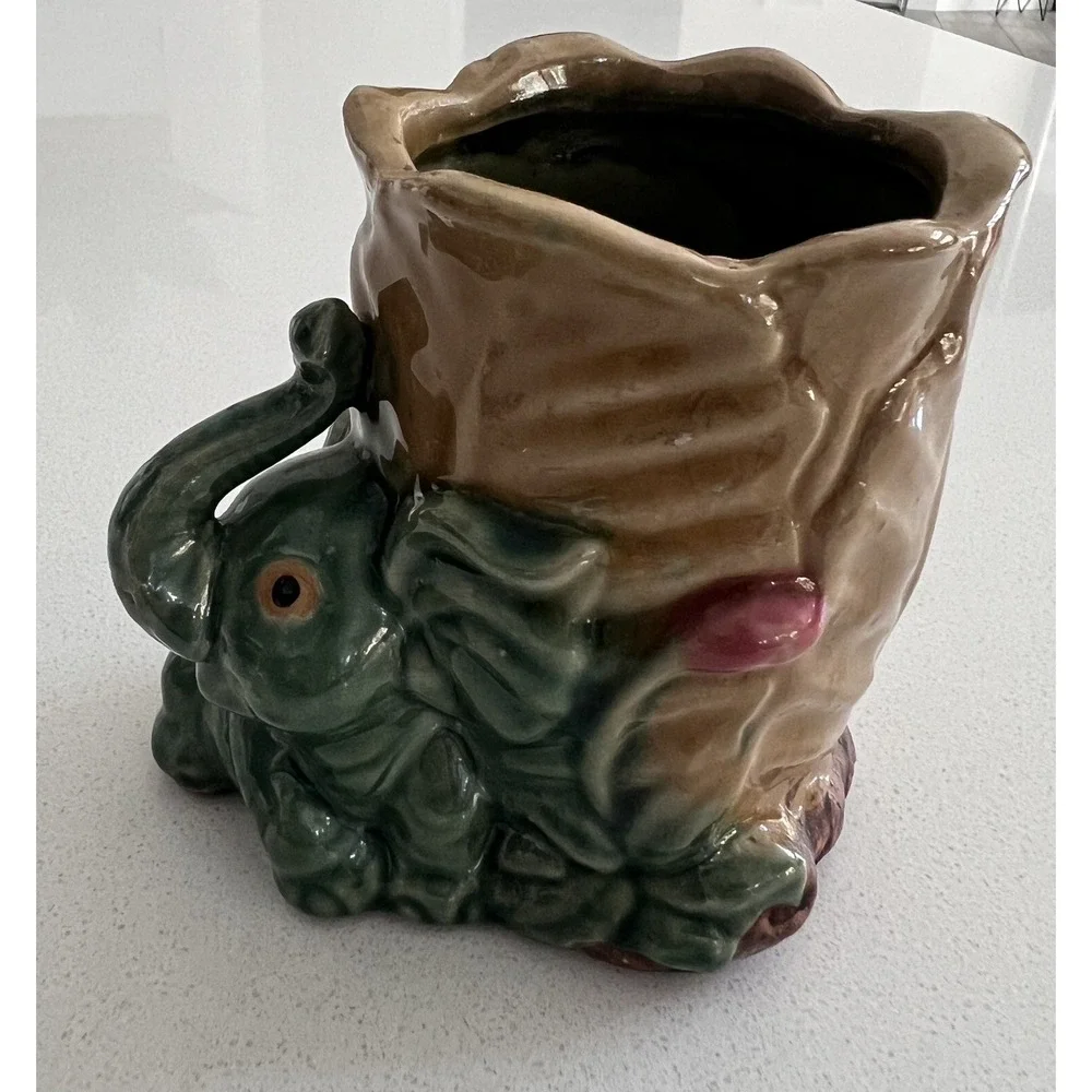 Vintage Majolica Pottery Ceramic Elephant Vase
